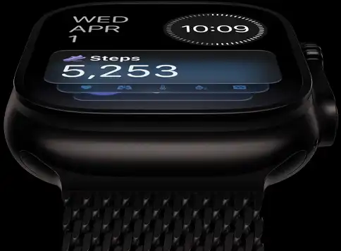 Apple Watch Ultra 4, titanium case, black colour, black and grey Activity analog watch face, titanium Milanese Loop band, black colour