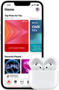 iPhone 17e, front exterior, Apple Music app with Home Screen open, next to AirPods Pro 3 in open MagSafe Charging case