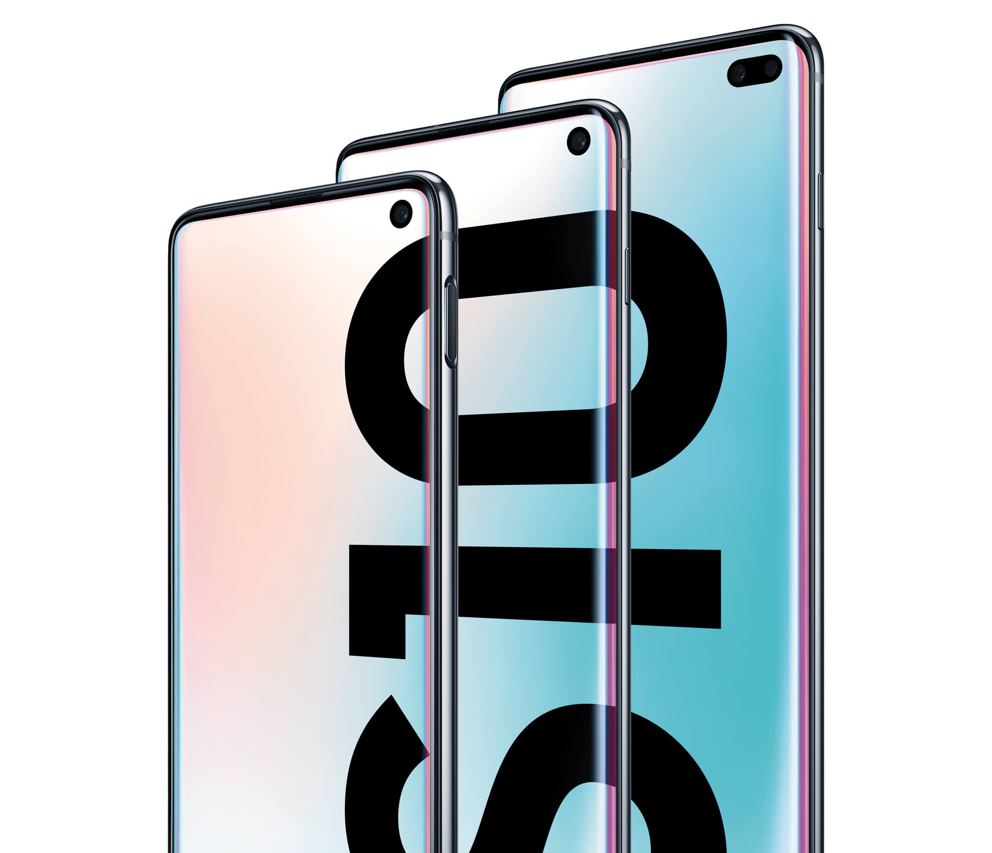 Samsung Galaxy S10, S10+ and S10e lined up together.
