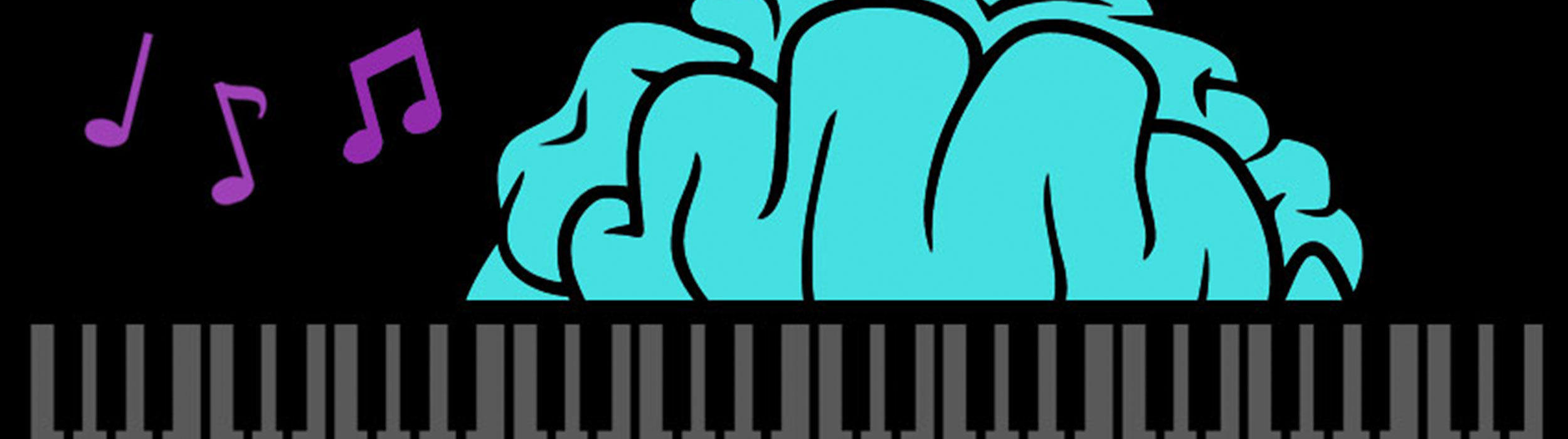 Colorful music notes, a piano, and brain make up the Monthly Music Hackathon banner image.