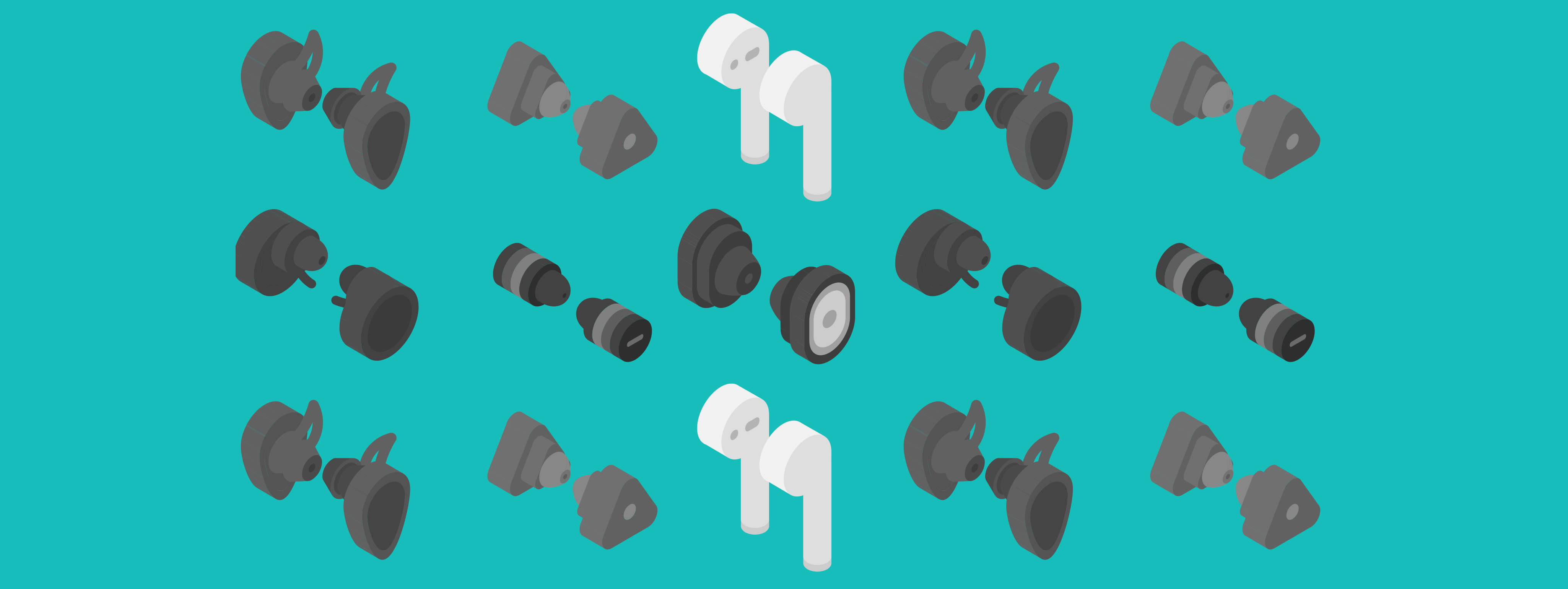 A pattern of various earbuds and headphones.