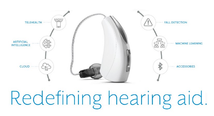 A modern hearing aid, showcasing a range of new features including AI, cloud computing, and fall detection.