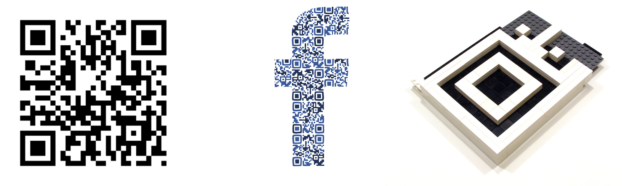The standard visualization of a QR code, include the Facebook "f" logo comprised of a QR code.