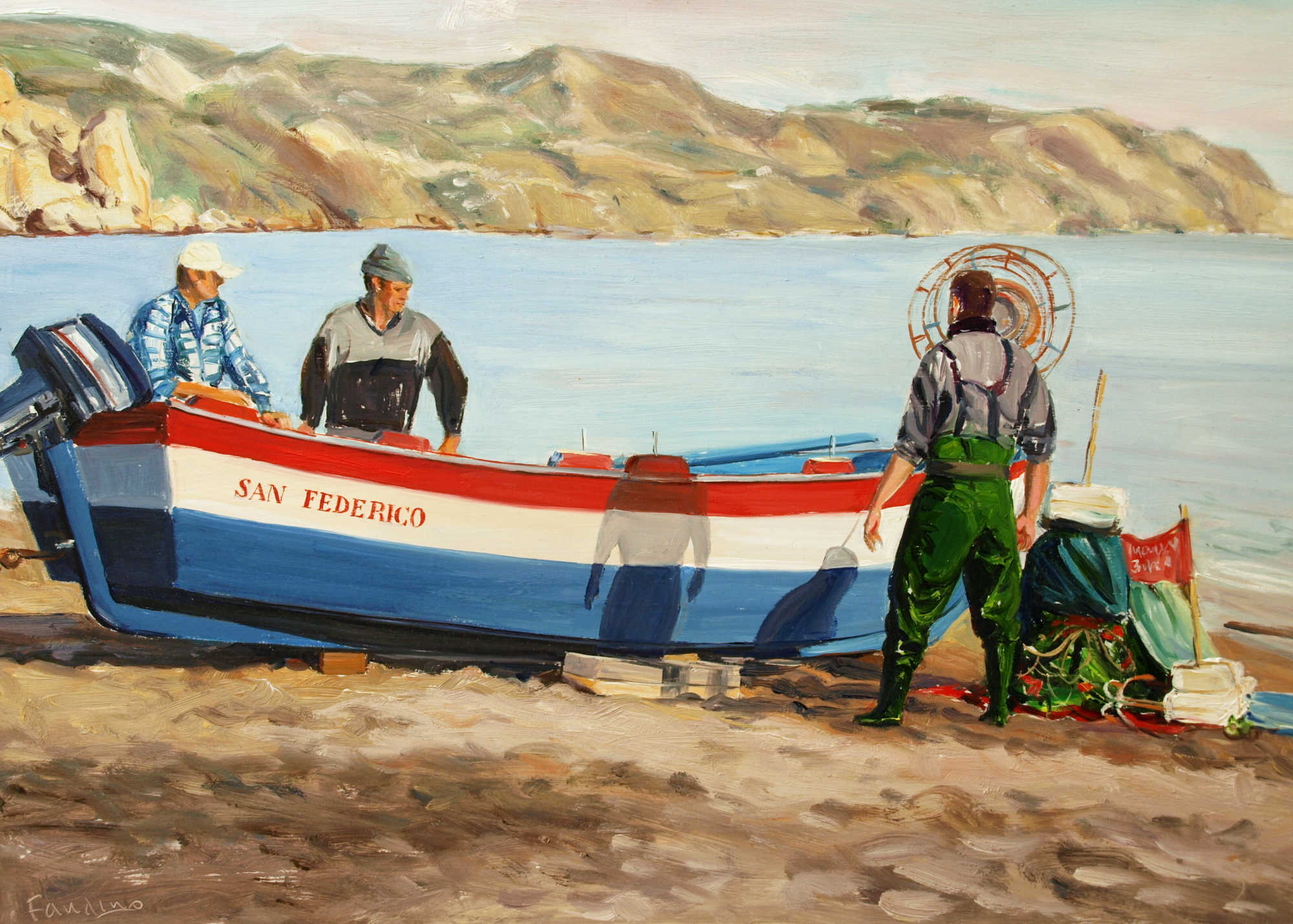 Fishermen and Boat, on beach of Nerja (Spain)