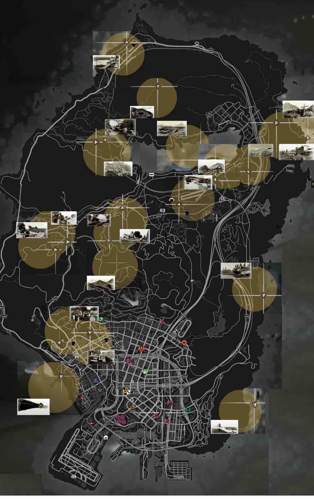 This is a picture of all 20 treasure hunt locations in Grand Theft Auto V Online.