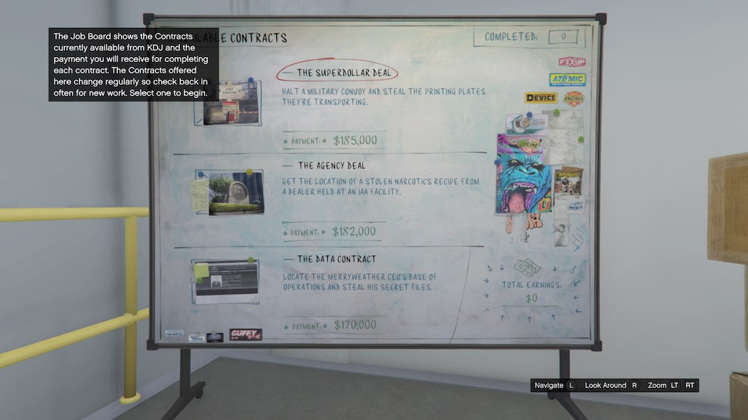 This is the white board that lists the available contact missions in the GTA Online Auto Shop.
