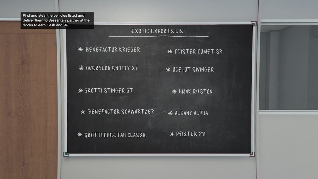 This is the list of Exotic Exports in the GTA Online Auto Shop.