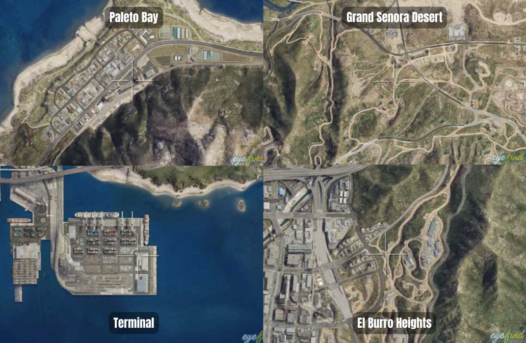 These are the four location options for the Methamphetamine Lab Motorcycle Club business in Grand Theft Auto V Online.