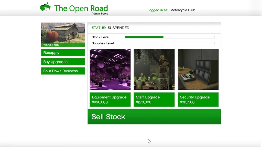 These are the three upgrade options for the Weed Farm Motorcycle Club business in Grand Theft Auto V Online.