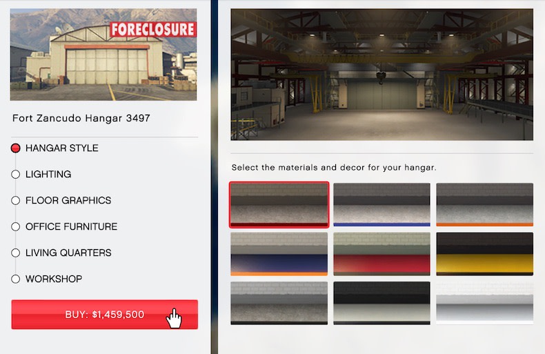 There are many customizations in the hangar in GTA V Online. Here is a picture of the list.