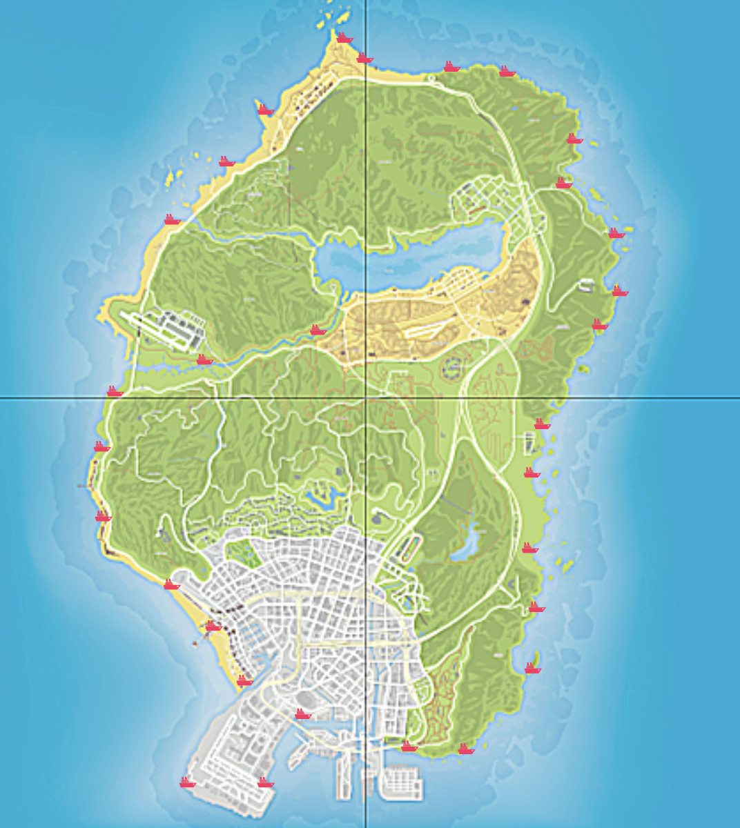 This is a map of all the possible shipwreck locations in GTA Online.