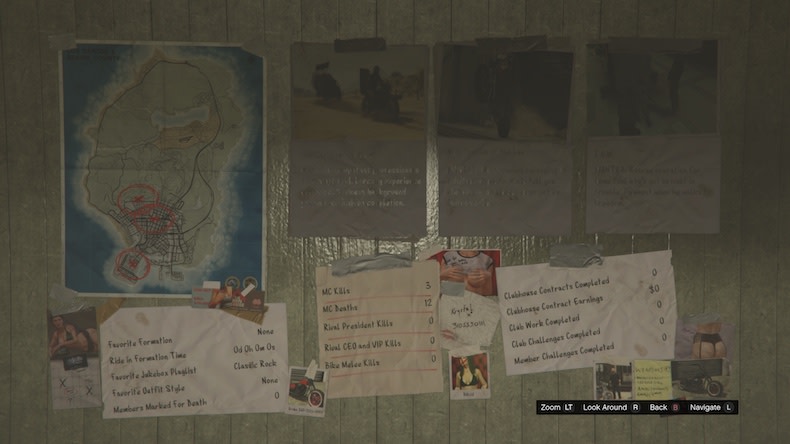 The contracts wall of the motorcycle clubhouse in Grand Theft Auto V Online.