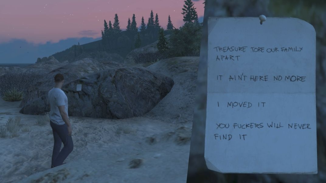 The first clue in the GTA Online Treasure Hunt quest line will be a piece of paper affixed to a rock, wall, or other object.