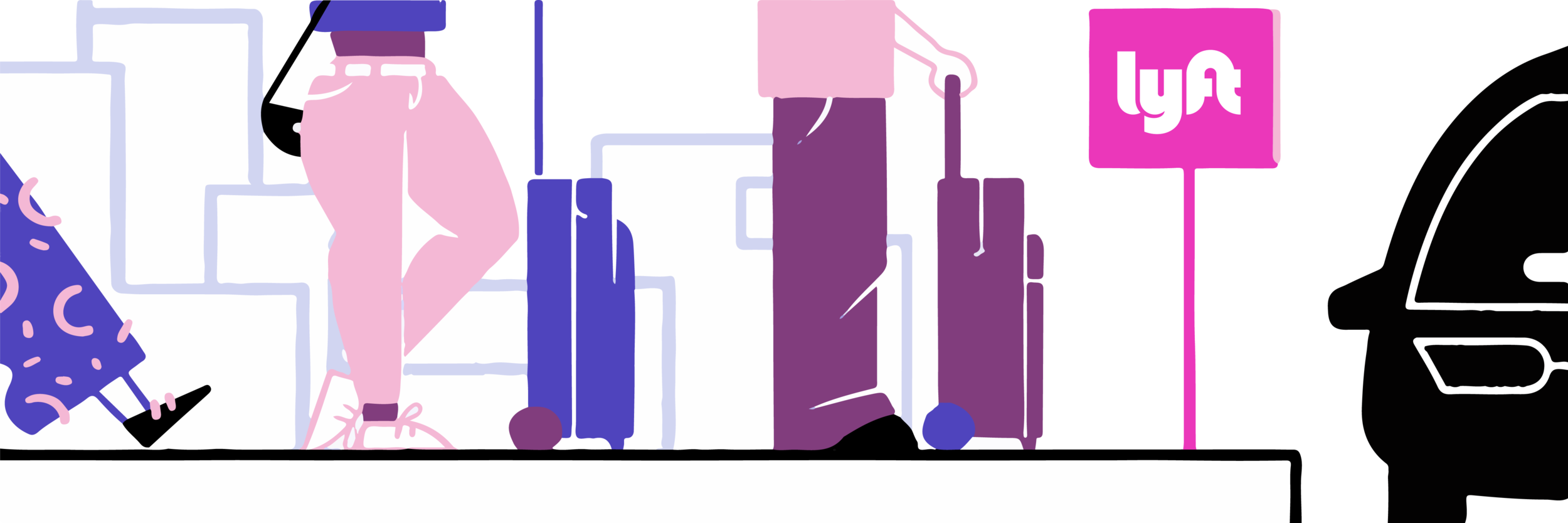 A group of people waiting in line for a Lyft outside the airport with their luggage.