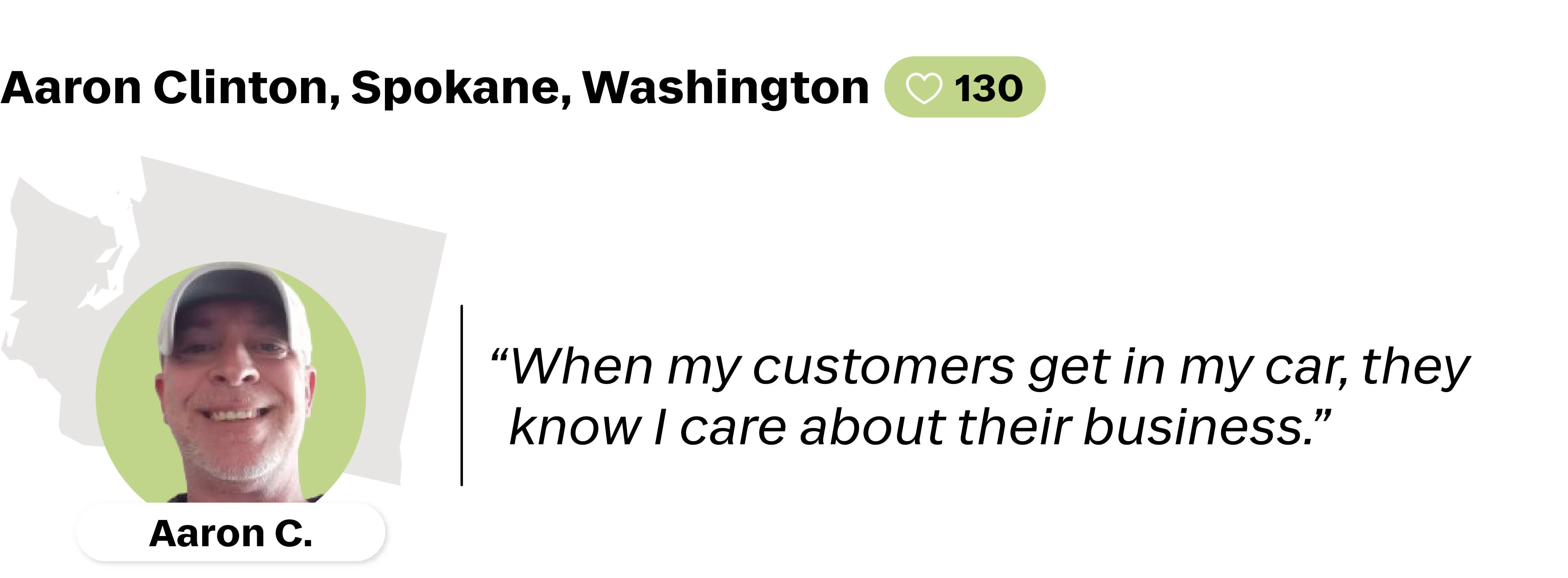 A quote from Aaron Clinton, a Lyft driver in Spokane, Washington. He is favorited by 130 riders. His quote reads: "When my customers get in my car, they know I care about their business."