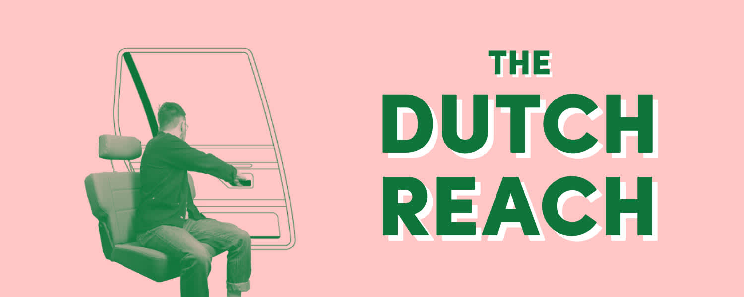An image of a man getting out of a car by reaching across his body and doing the dutch reach.