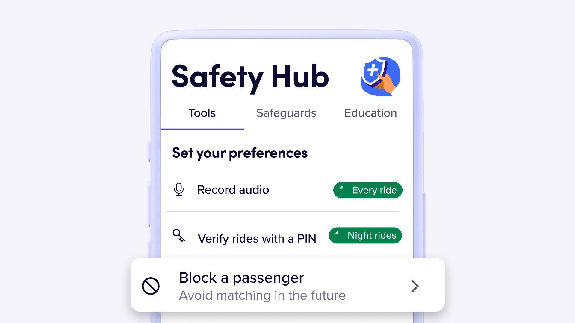 Lyft driver app showing Safety Hub interface showing preferences with audio recording and PIN verification options.