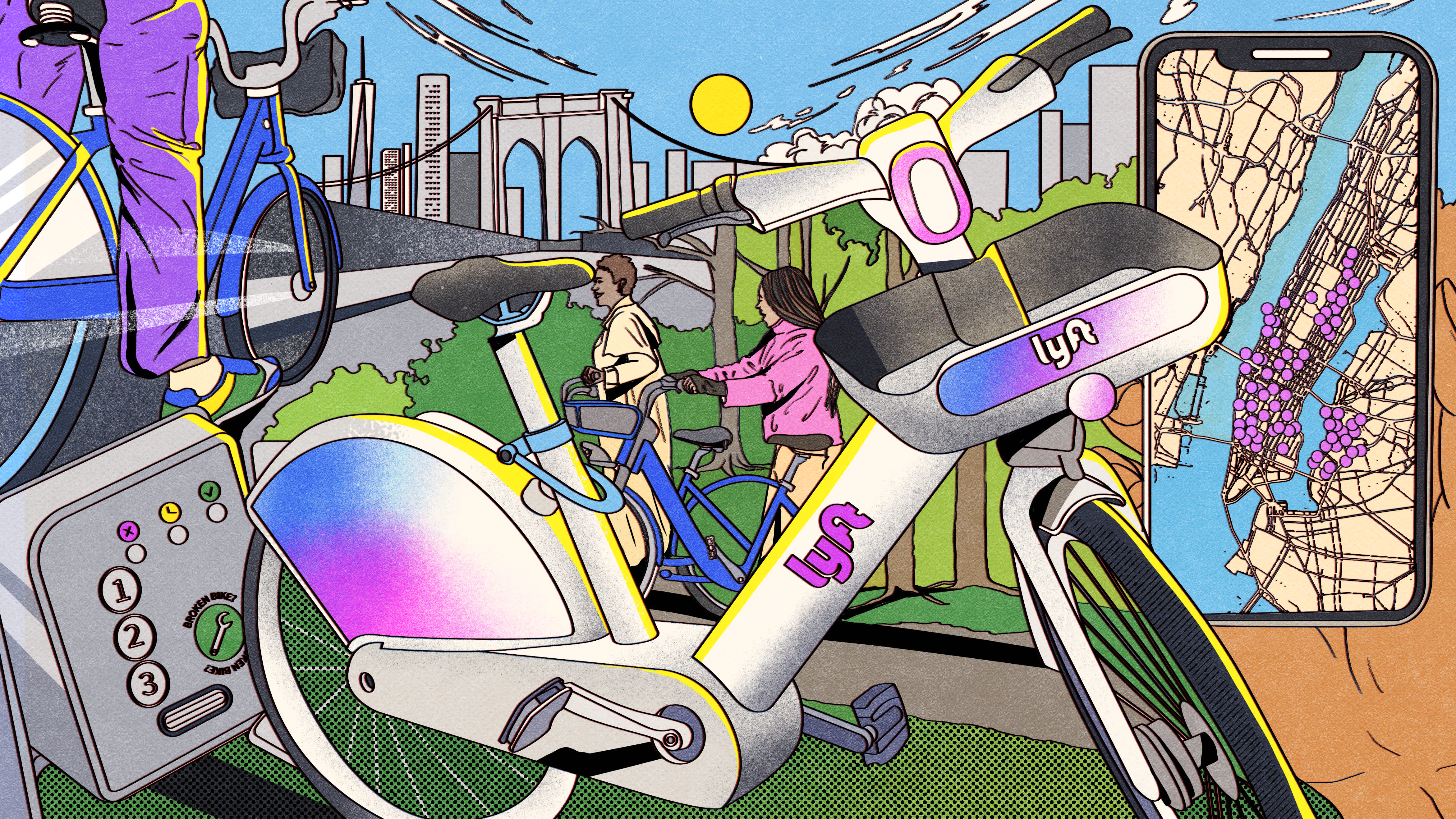 Illustration of collage of images, including a Lyft e-bike, a hand holding a phone with a map of Citi Bike stations, two people walking their bikes together, and a person riding a bike over the Brooklyn Bridge. 