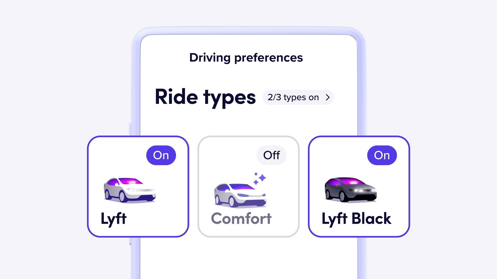 Lyft driver app driving preferences selection screen showing Lyft and Lyft Black options enabled, Comfort option disabled.
