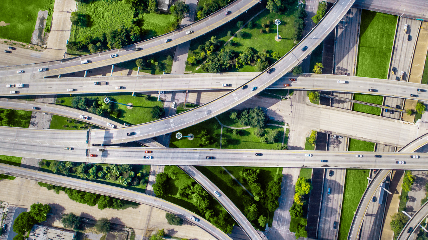 Aerial view of highway intersections near downtown Houston, Texas.