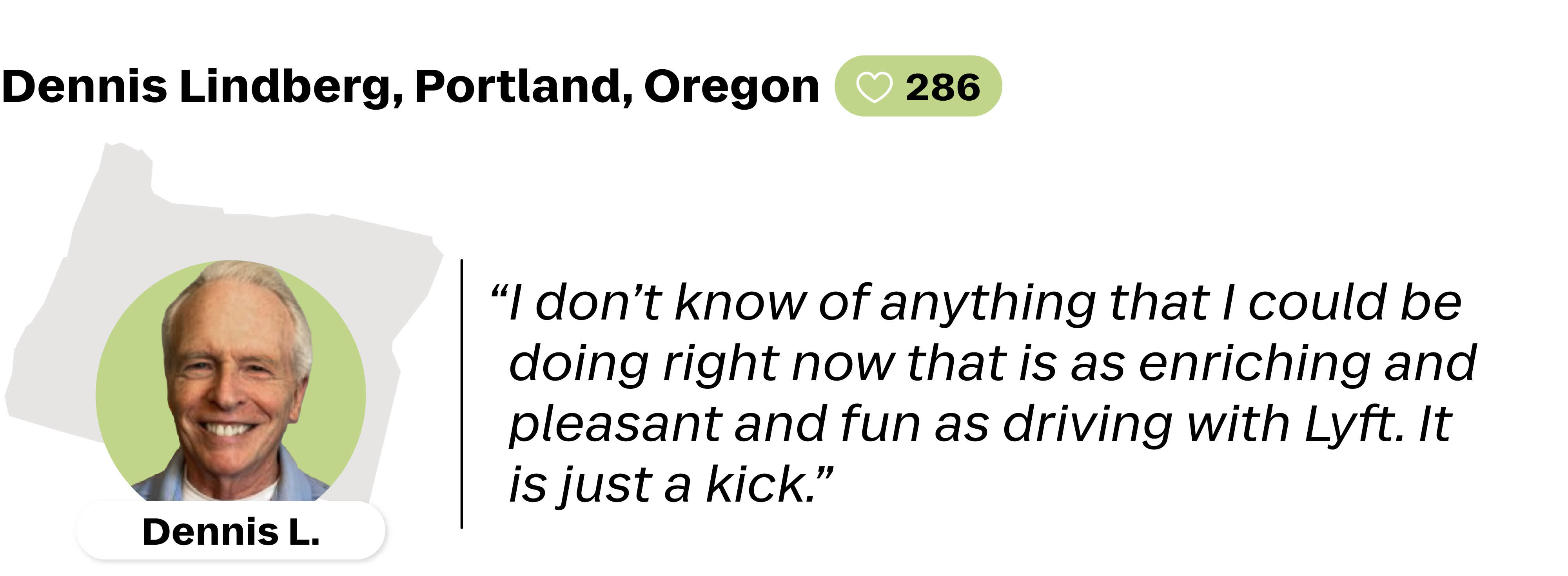 A quote from Dennis Lindberg, a Lyft driver in Portland, Oregon. He is favorited by 286 riders. His quote read: "I don't know of anything that I could be doing right now that is as enriching and pleasant and fun as driving with Lyft. It is just a kick."