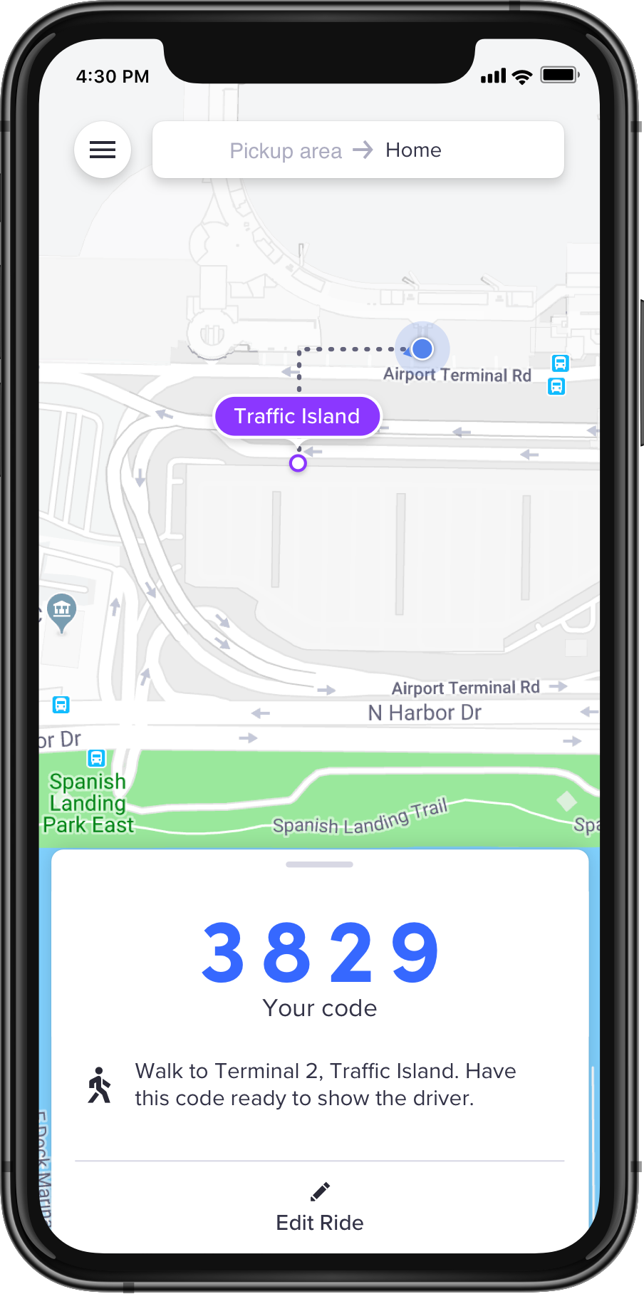 A product screenshot showing a map with a Fast Match pickup code.