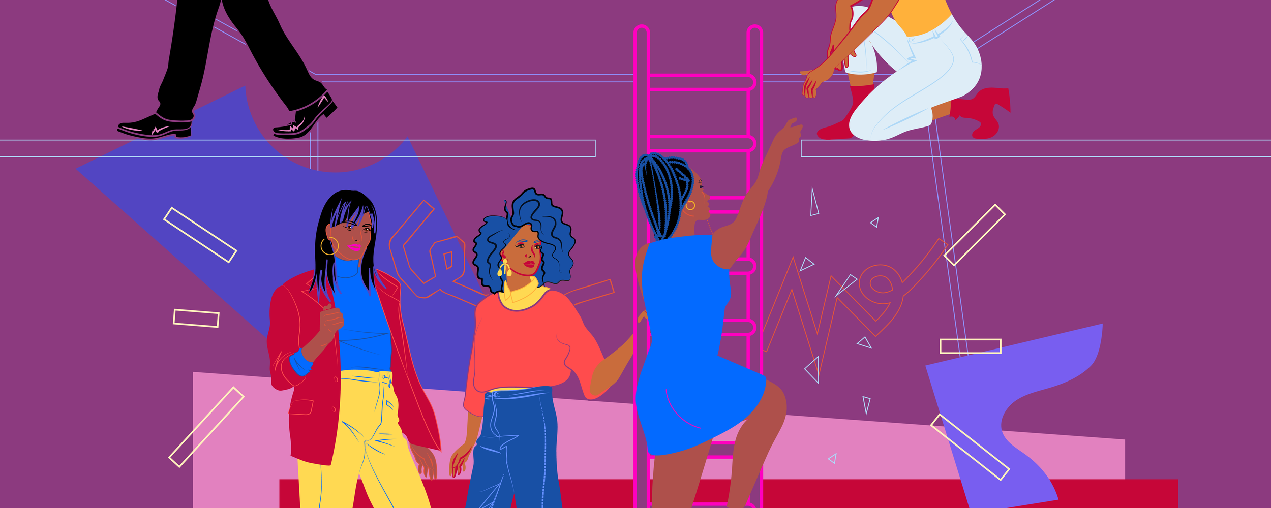 An illustration of black women climbing and helping each other up a "career" ladder.