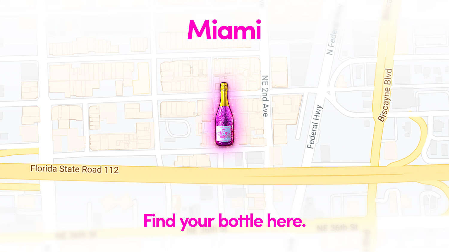 A map of Miami with the location of Lyft's "The Pink Bubbly" Champagne giveaway.