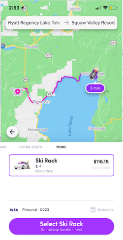 In the ride selector, scroll to More to view Ski Rack mode and tap to request. When your Lyft driver arrives, safely secure your skis/snowboards and get going.