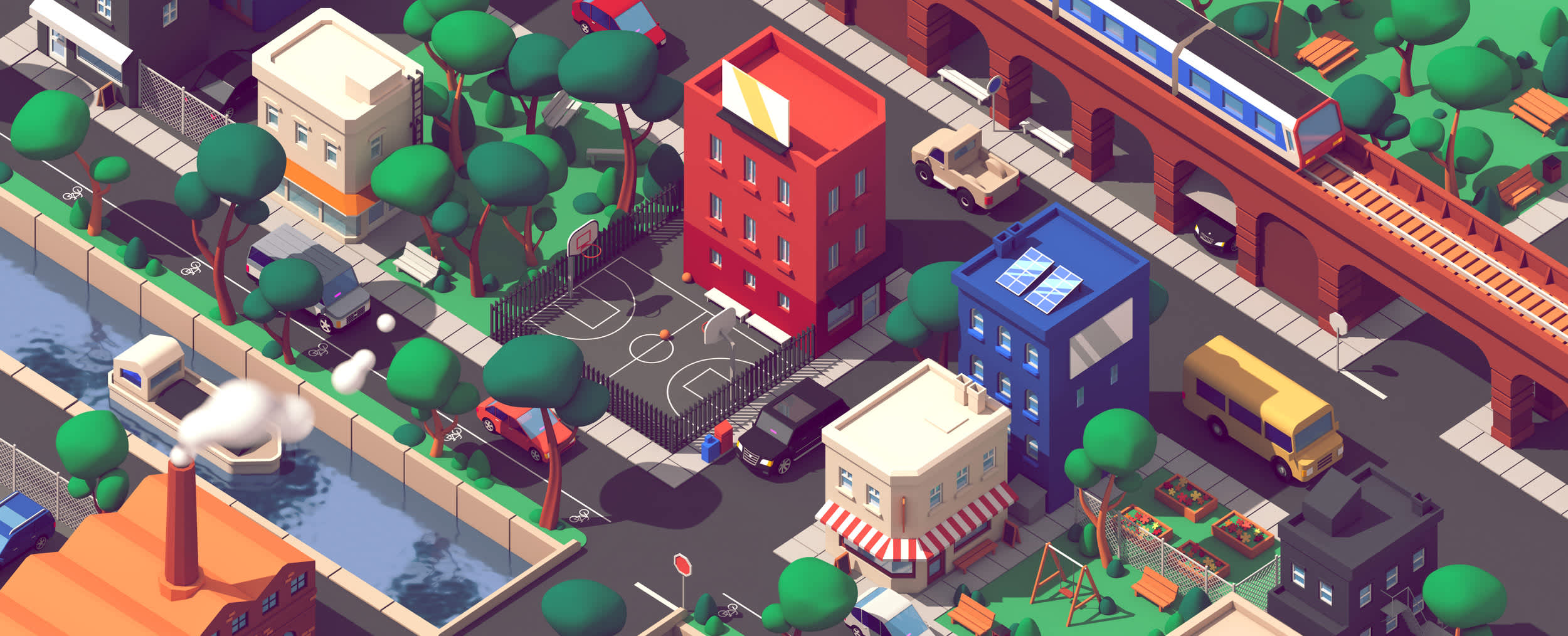 An aerial view of a city with buildings, a basketball court, a bus and cards in the street, and a canal with a boat.