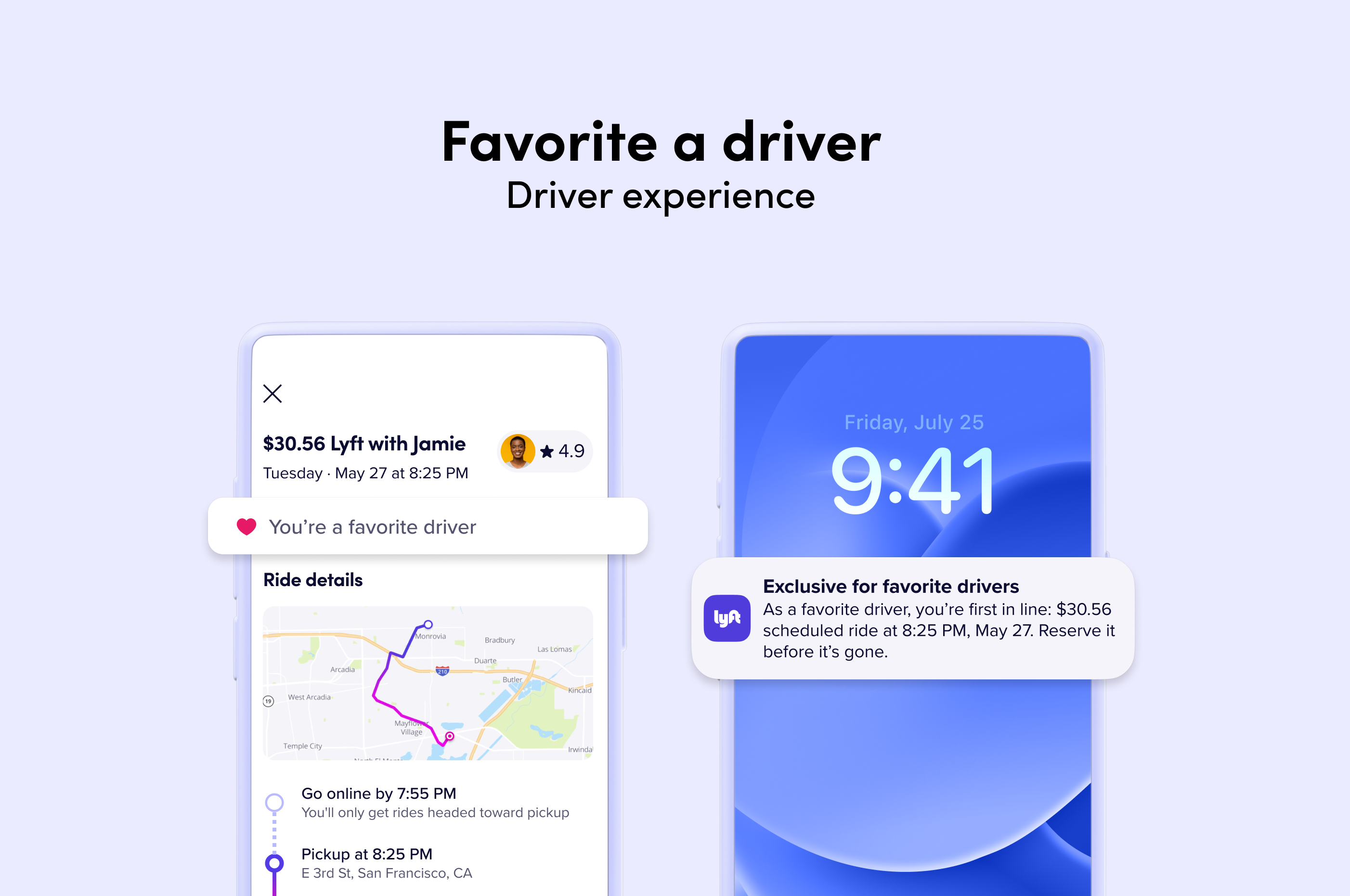 Lyft app screens showing "Favorite a driver" feature with ride details and benefits.