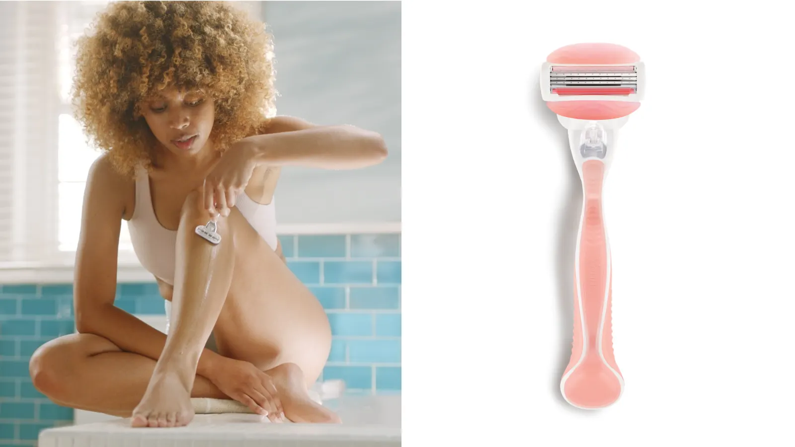 Femme se rasant la jambe avec un rasoir dans une salle de bain et un rasoir rose avec une tête de rasoir ovale sur un fond blanc