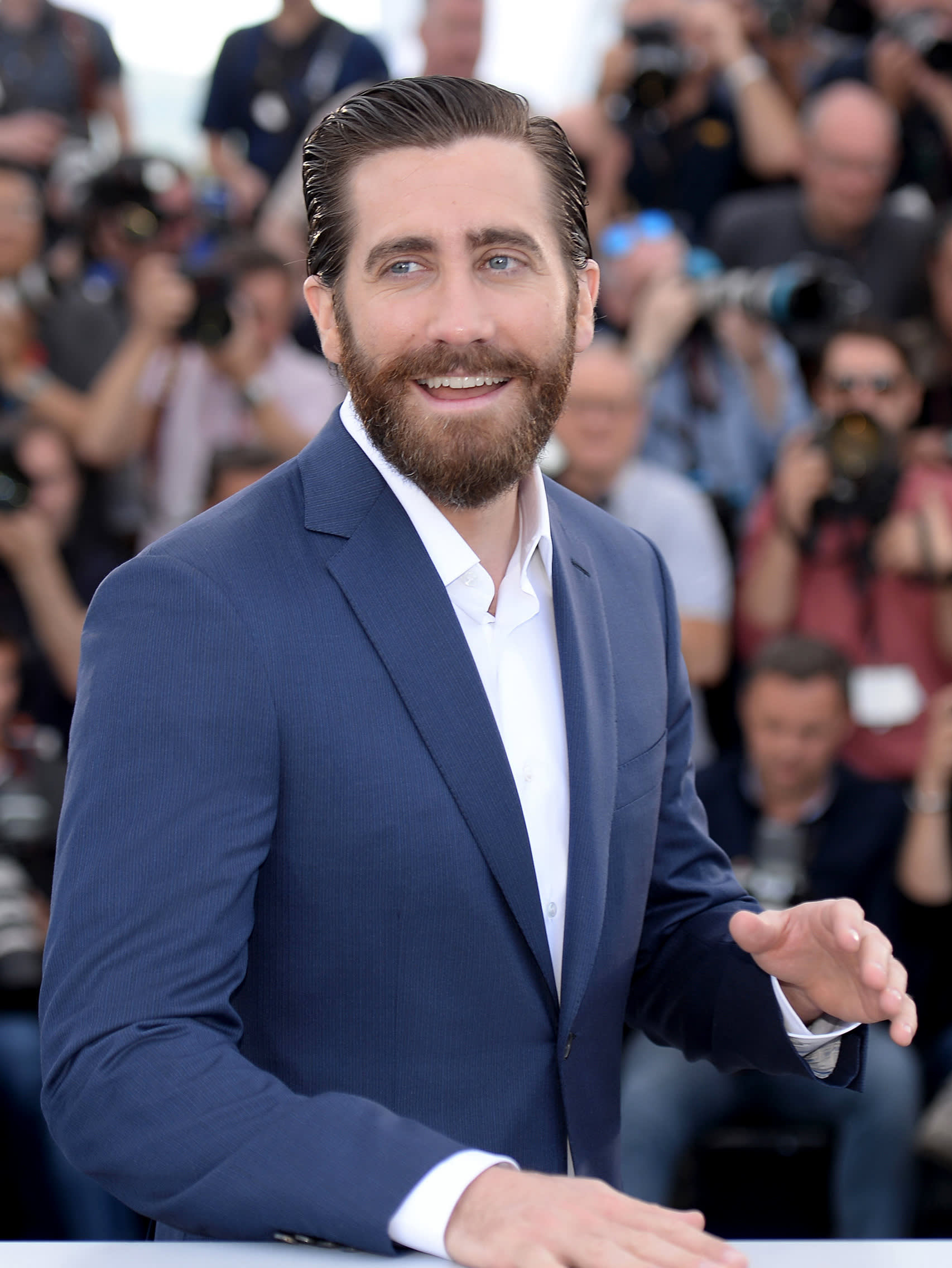Jake Gyllenhaal wearing a Brioni bespoke blue suit