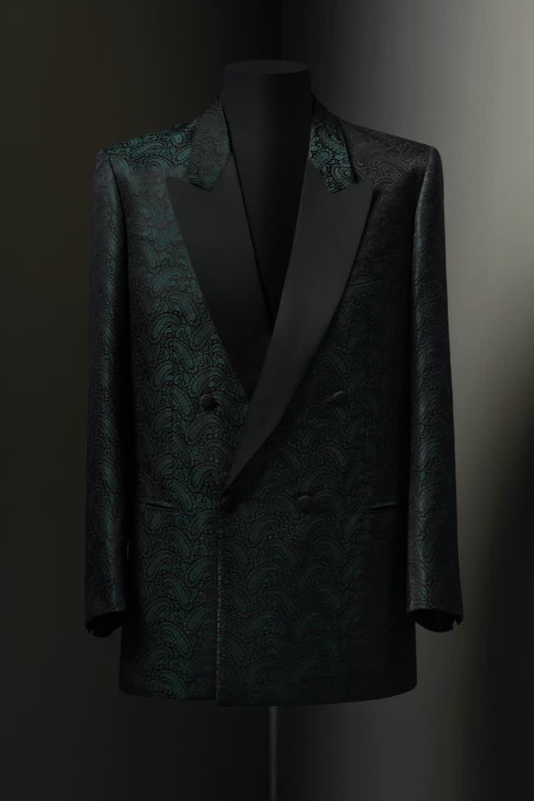 A Brioni double-breasted tuxedo jacket in silk paisley with black satin lapels, 1960s