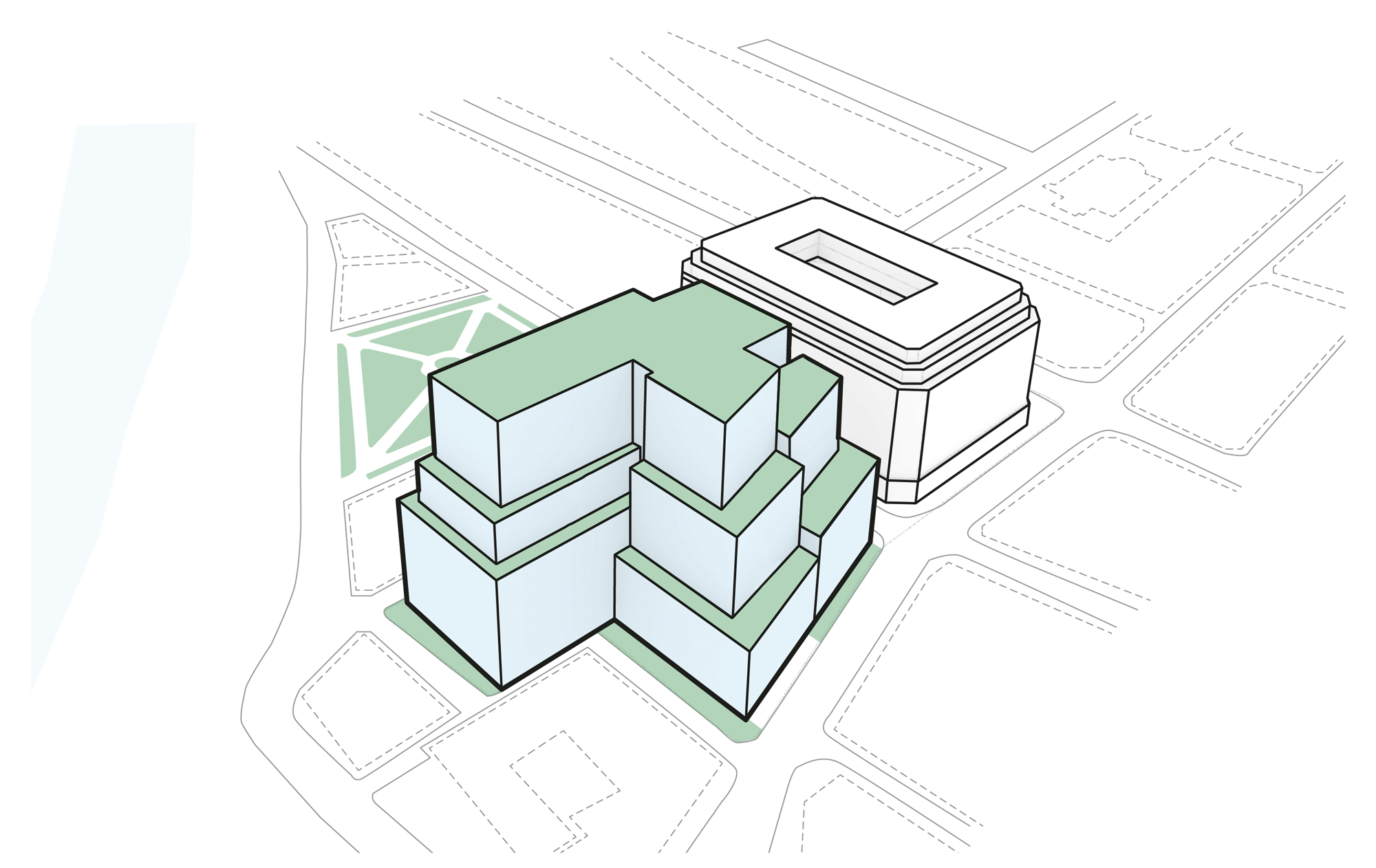 Developing the massing of the new office building by extruding the site, introducing datums and stepped terraces
