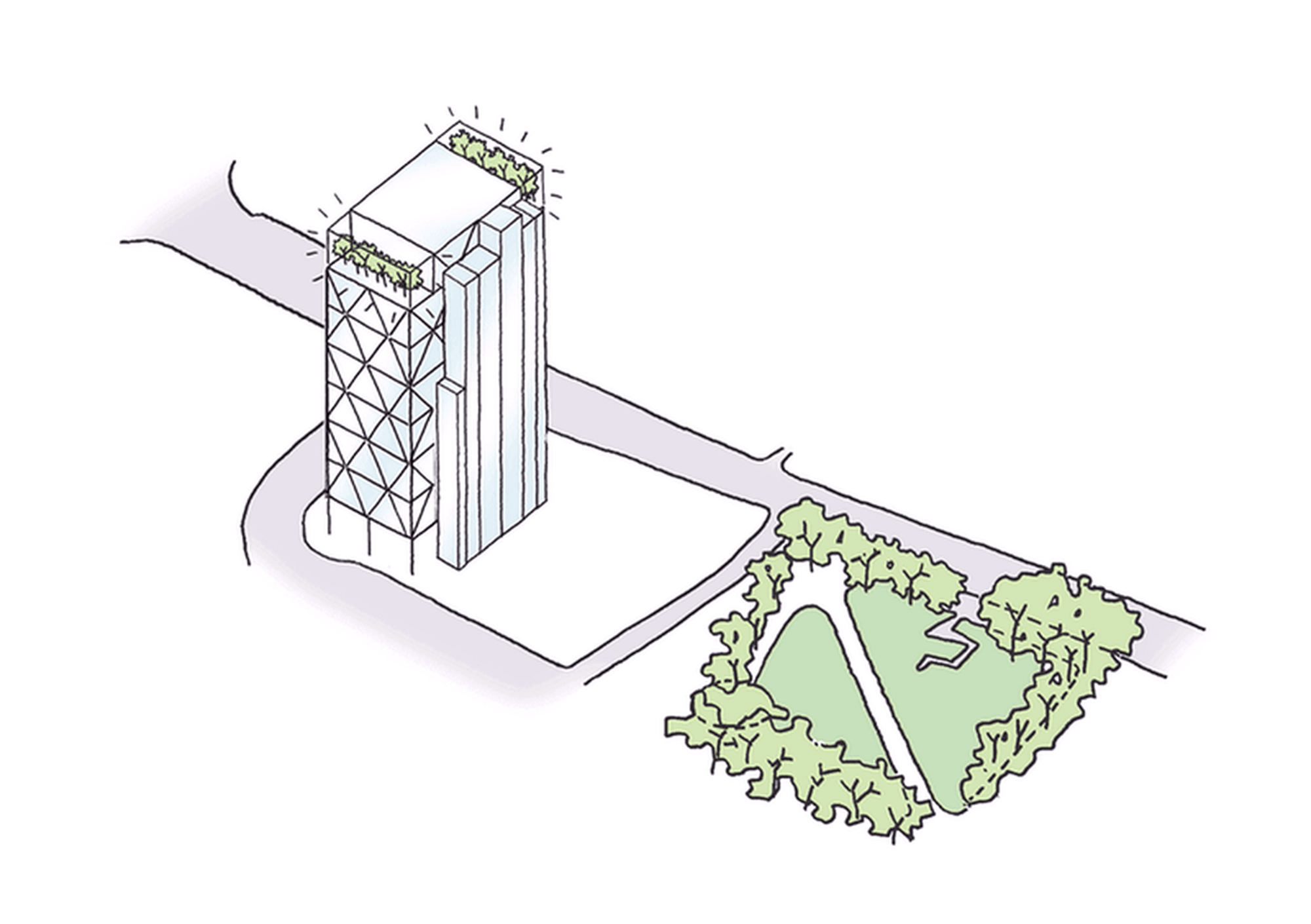 The tower's raised podium creates new connections to stitch the site back into Aldgate, while its sculpted crown creates value with two extensive green terraces with city views