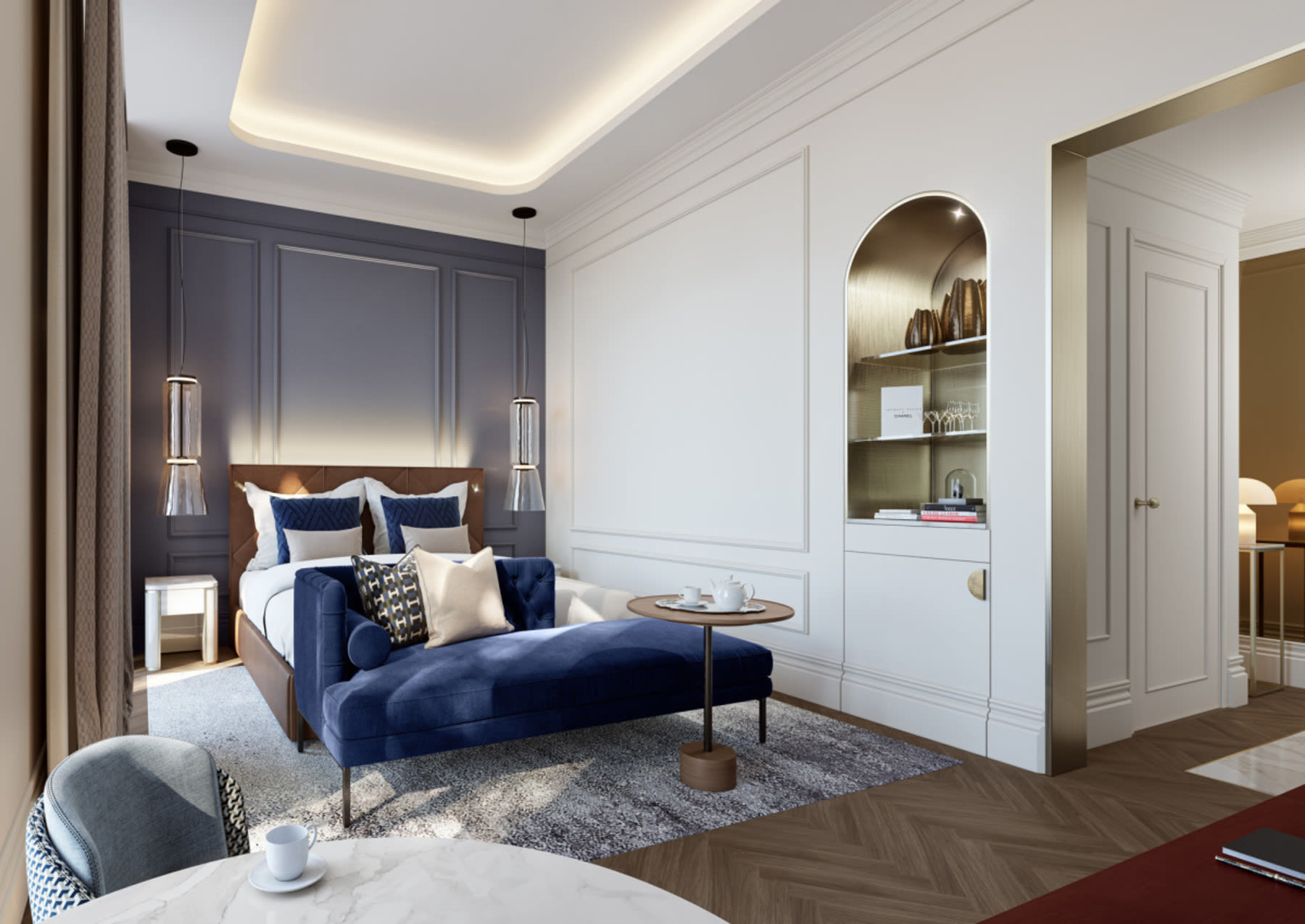 The Deluxe Suite is sophisticated and refined, featuring contemporary twists on classical Roman architectural devices such as arches, inlaid gold, and detailed cornices 