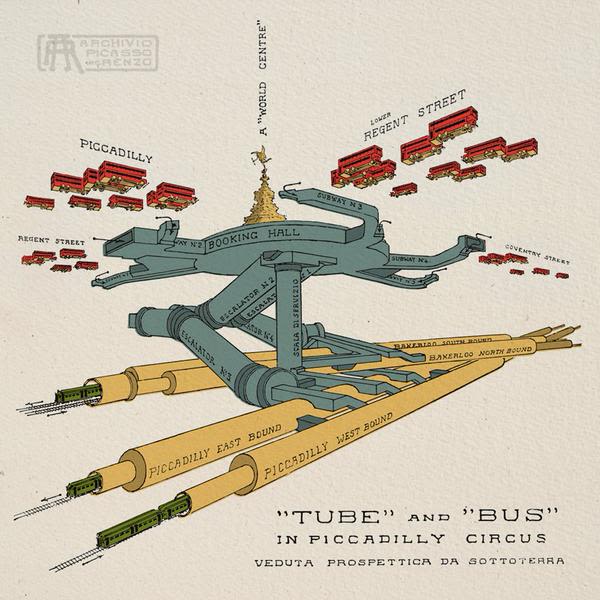 Renzo Piccaso's illustration of Piccadilly Circus produced in 1929. Credit: Archivio Renzo Picasso