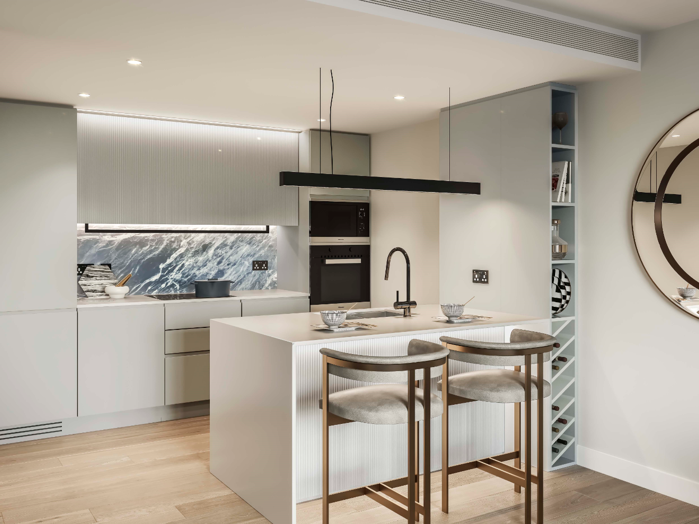 The kitchens are manufactured in Italy and feature bespoke brassware, paneling and fluted detailing to the cabinet fronts, with Italian marble splashbacks