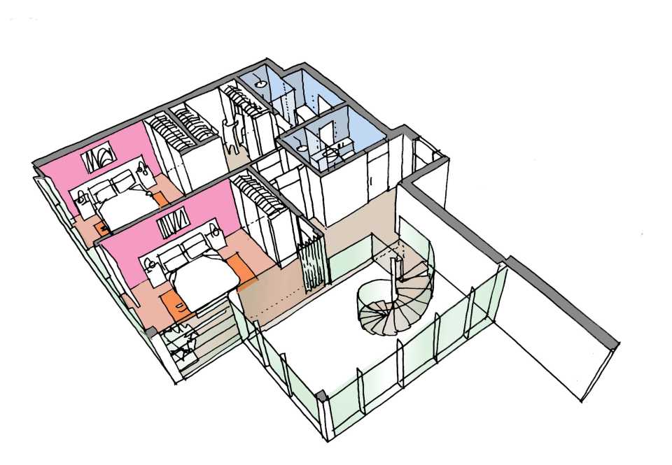 The upper levels of the duplex apartments cutaway