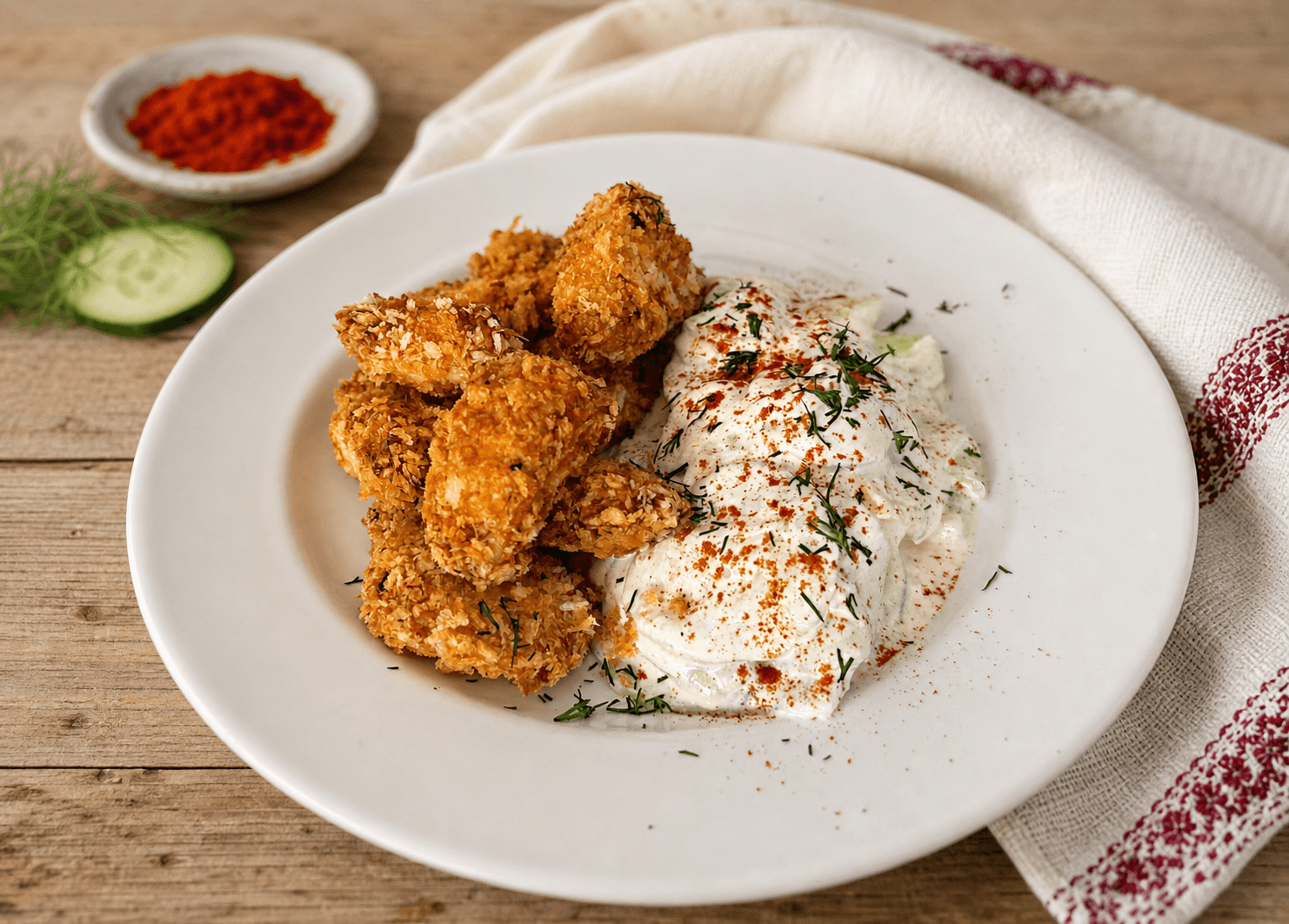 Crispy Paprika Chicken Bites with Hungarian Cucumber Salad