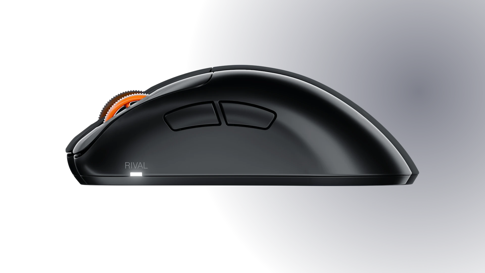 Matte black Rival Pro gaming mouse viewed from the left profile against a dark background, featuring side navigation buttons and an orange accent wheel.