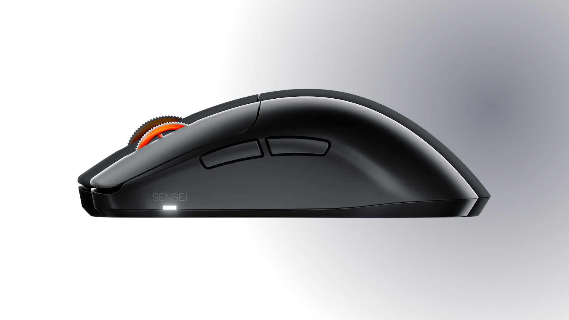 Matte black Sensei Pro gaming mouse viewed from the left profile against a dark background, featuring side navigation buttons and an orange accent wheel.
