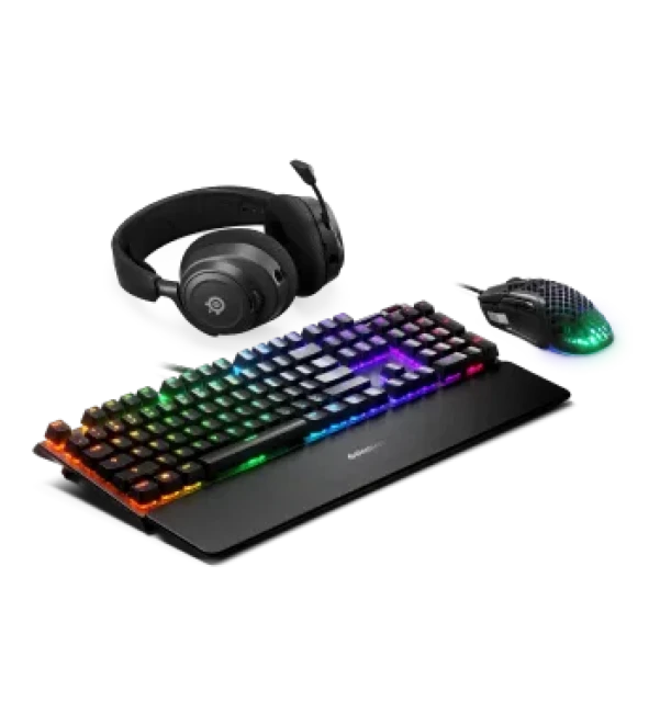 Arctis nova headset, apex pro keyboard and rival 300 mouse laying next to each other representing a bundle on colorful background.