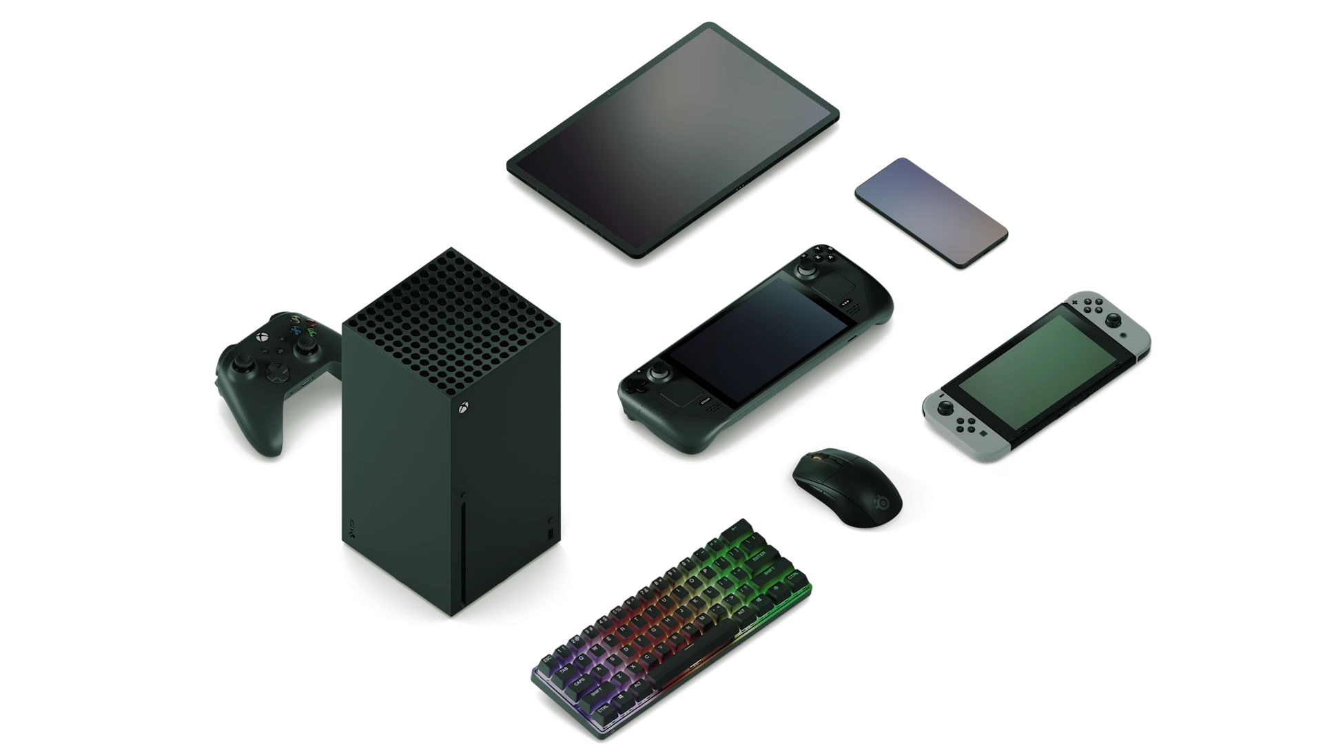 SteelSeries Arctis GameBuds multi-platform compatibility showcasing Xbox Series X, PC keyboard, Steam Deck, Switch, tablet, and mobile phone.