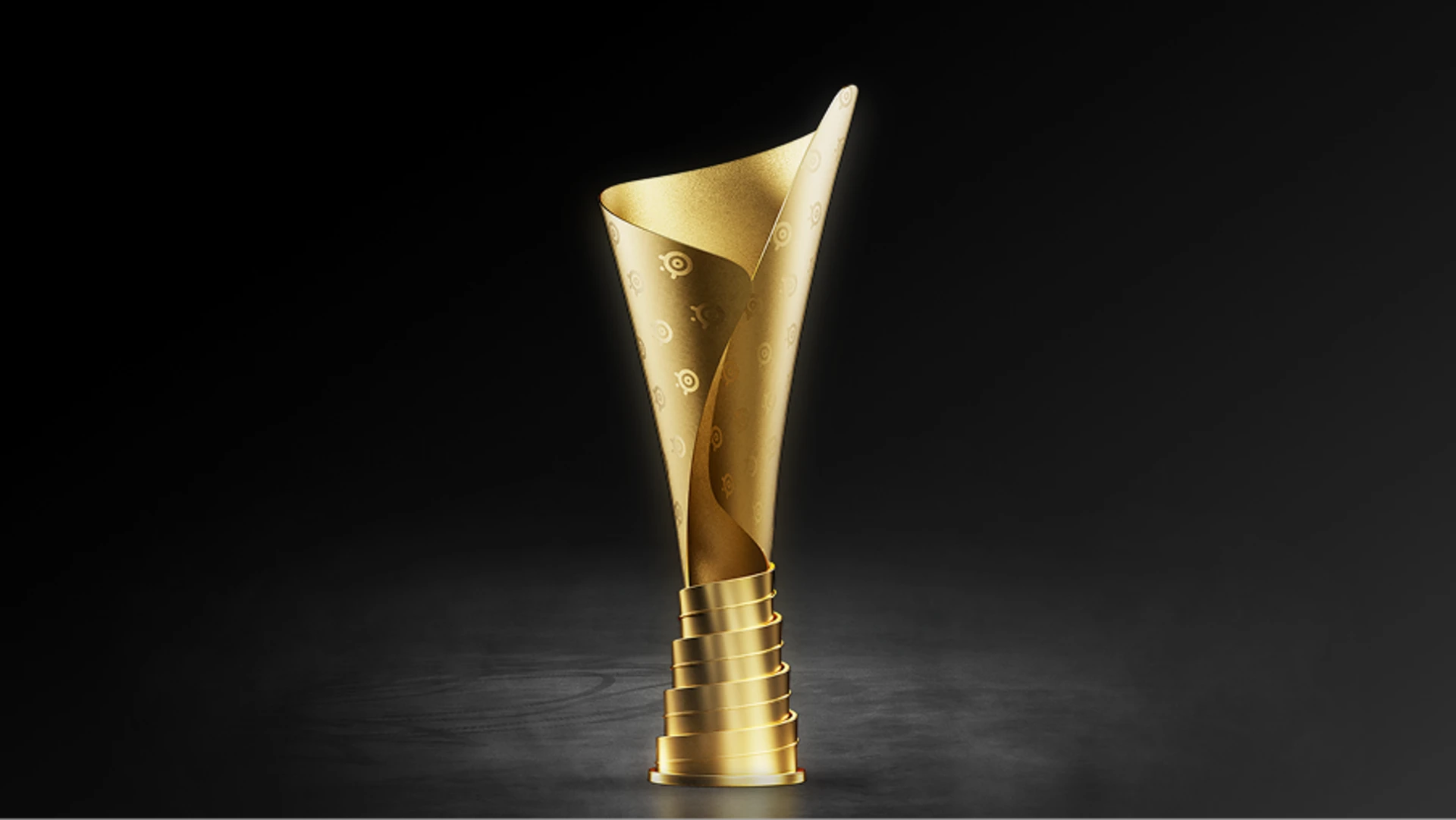 Gold trophy with a spiraled base and repeated brand logos against a dark background.