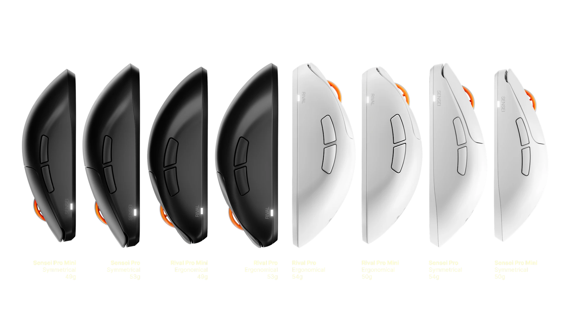 Lineup of eight gaming mice lined up vertically, highlighting shape profiles, colors, symmetry types, and weights for Sensei Pro and Rival Pro series.