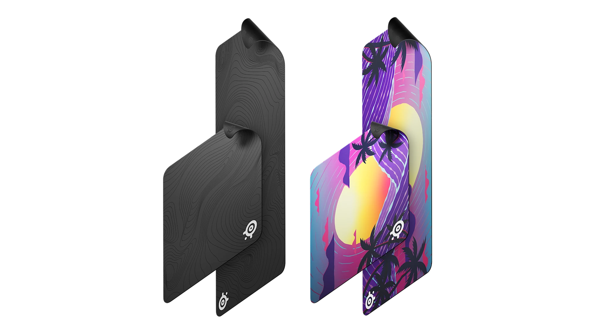 Topographic black and colorful synthwave gaming mousepads shown in two different size options against a black background.