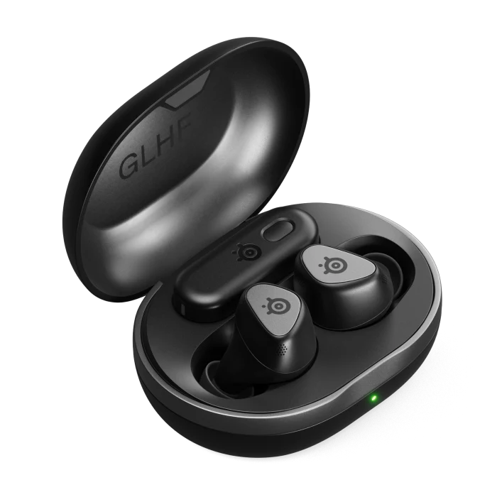 photo showing gamebuds headphones with the case open and the earphones visible