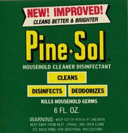 Etiqueta Pine-Sol: ¡Nuevo! ¡Mejorado! Limpia mejor y con más brillo. Limpia, desinfecta y desodoriza. Elimina los gérmenes del hogar.